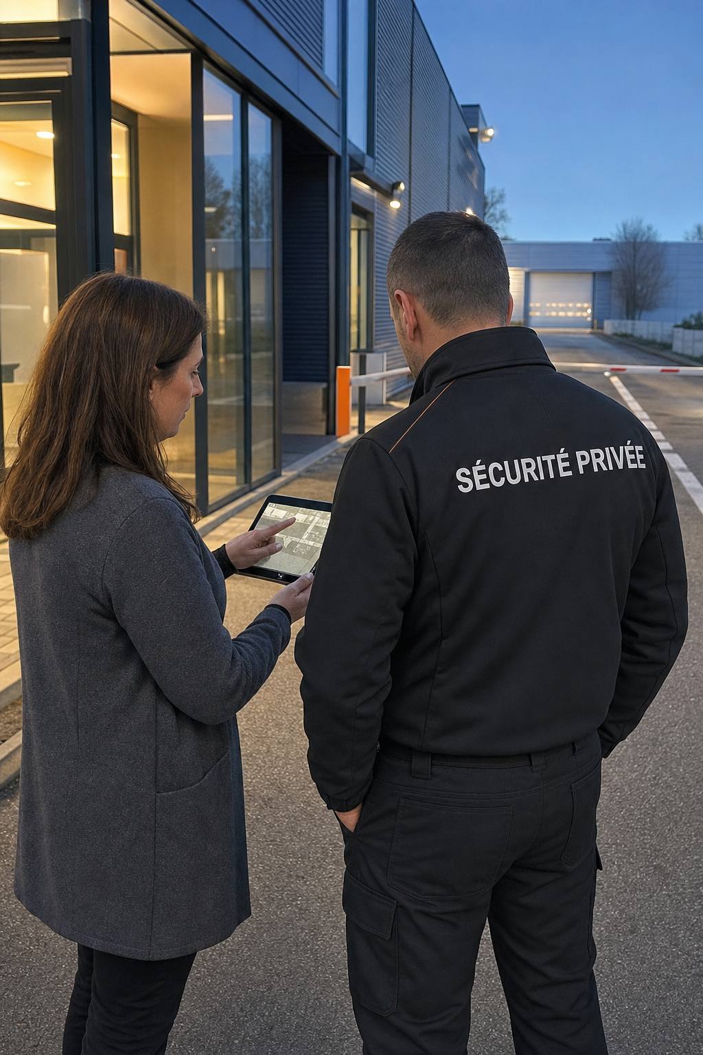 Illustration de synthèse montrant une responsable de site présentant un plan à un agent de sécurité privée.