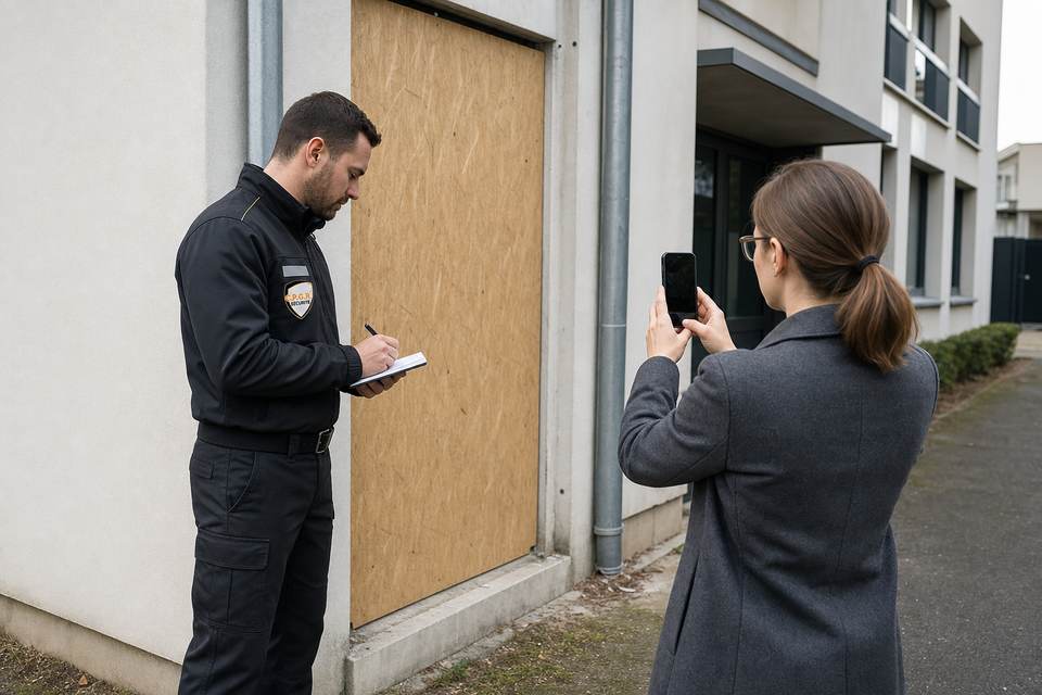 Illustration de synthèse : agent de sécurité privée et experte en assurance documentant un accès provisoirement sécurisé après un sinistre.