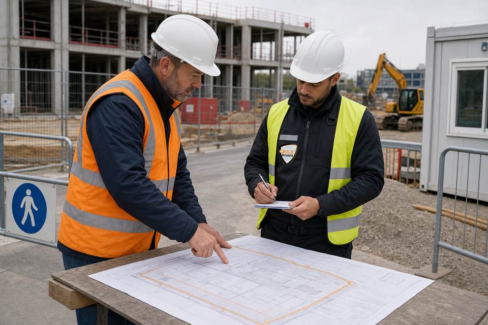 Illustration de synthèse : agent de sécurité privée prenant des notes pendant un briefing avec un conducteur de travaux sur un chantier.