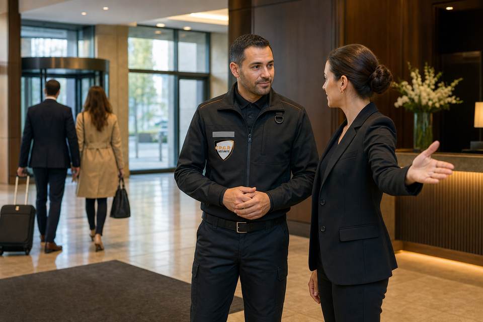Illustration de synthèse : agent de sécurité privée échangeant avec une responsable d'hôtel au sujet de l'organisation des accès du soir.