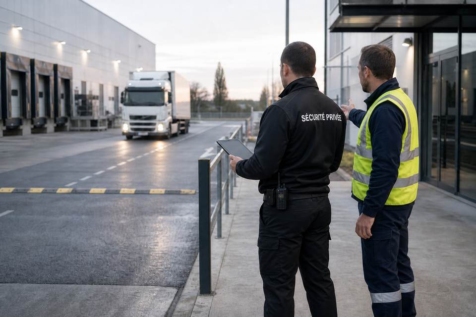 Illustration de synthèse : agent de sécurité privée et responsable d'exploitation organisant l'accès d'un camion sur un site logistique.