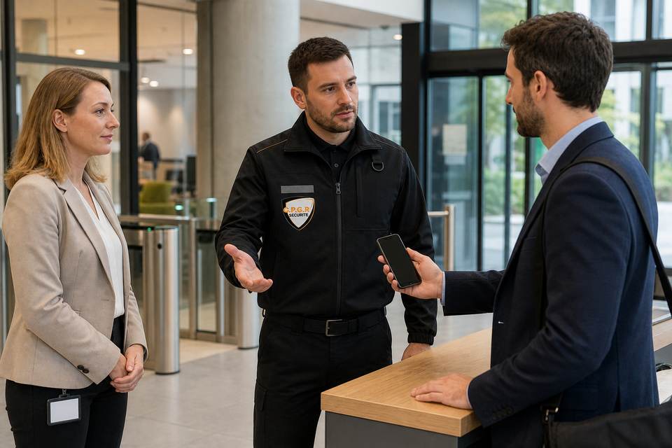 Illustration de synthèse : agent de sécurité privée orientant un visiteur dans le hall d'un immeuble de bureaux.