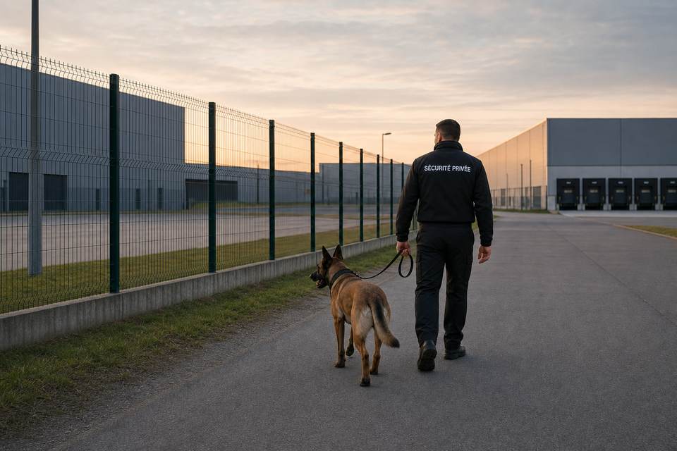 Illustration de synthèse représentant un binôme fictif : maître-chien de sécurité privée en ronde avec un chien de travail calme.