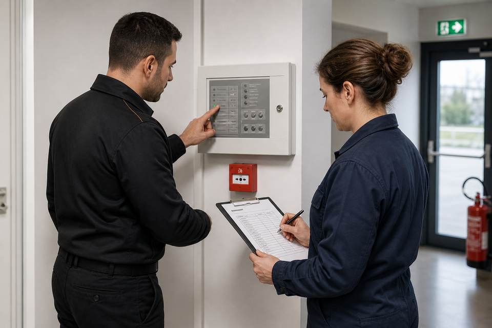 Illustration de synthèse : agent de sécurité privée et responsable technique réalisant un contrôle préventif de sécurité incendie.