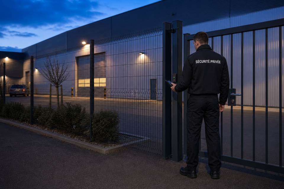 Illustration de synthèse : agent de sécurité privée vérifiant et documentant la fermeture d'un accès lors d'une ronde.