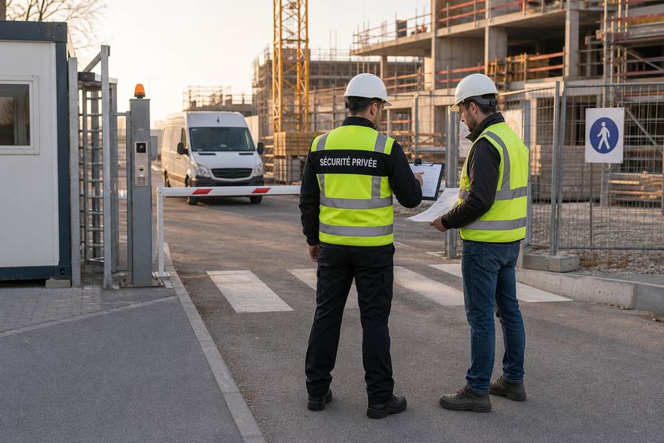 Illustration de synthèse : agent de sécurité privée contrôlant une livraison avec un conducteur de travaux à l'entrée d'un chantier.