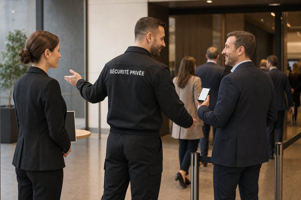 Illustration de synthèse : agent de sécurité privée accueillant et orientant un participant à un événement professionnel.