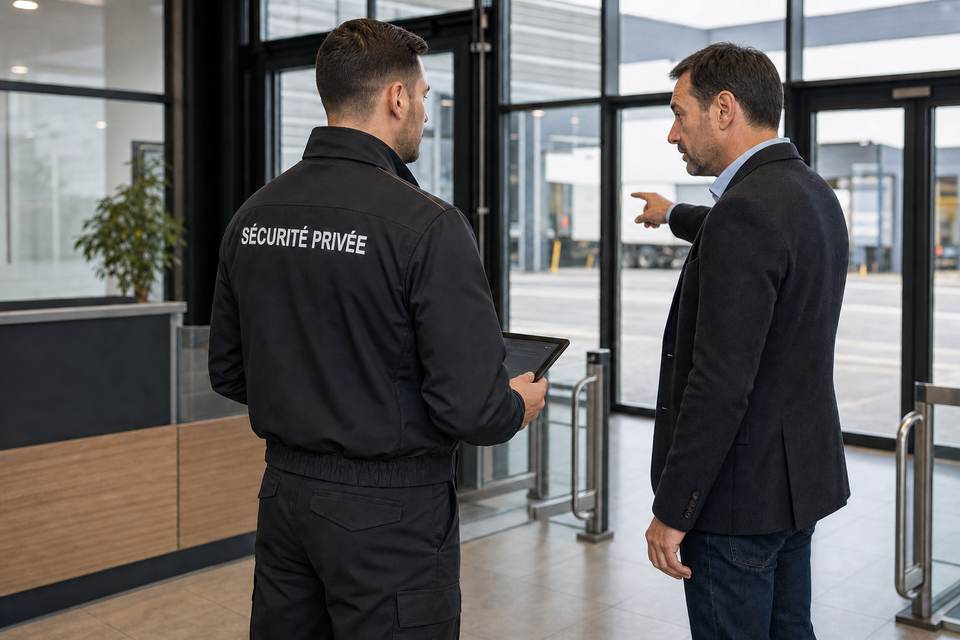 Illustration de synthèse : agent de sécurité privée et responsable de site organisant la surveillance d'un accès professionnel.