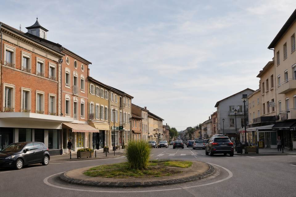 Illustration territoriale de synthèse : vue urbaine de Meximieux depuis la place Vaugelas.