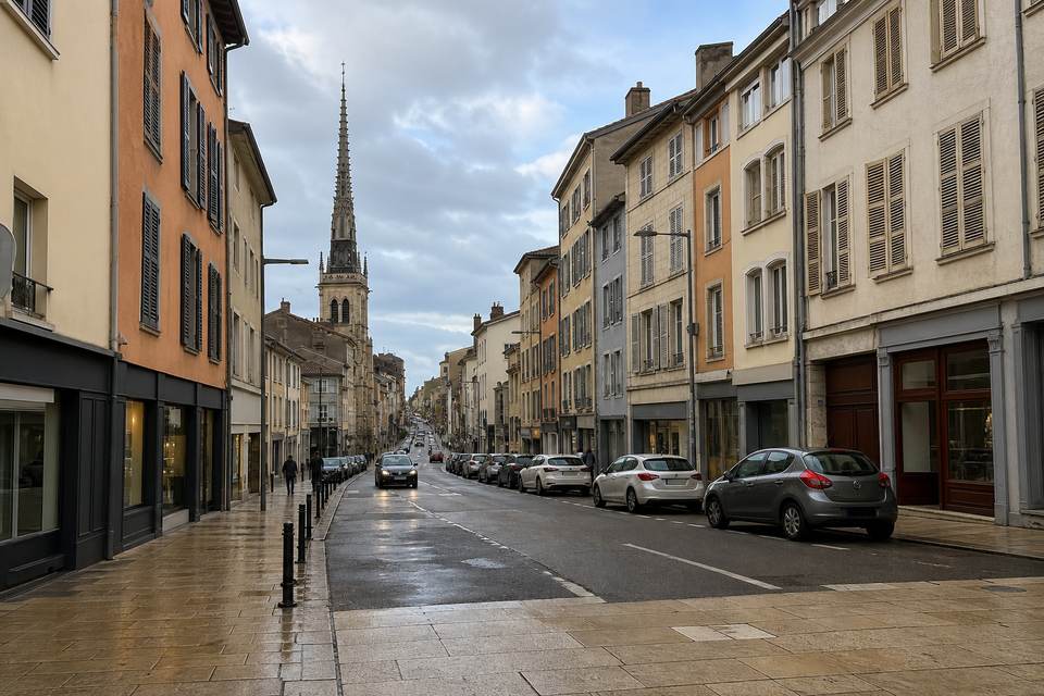 Illustration territoriale de synthèse : rue Nationale et collégiale Notre-Dame-des-Marais à Villefranche-sur-Saône.
